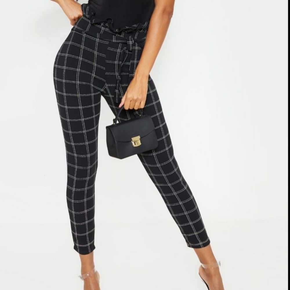 Checkered Skinny Paperbag Trousers